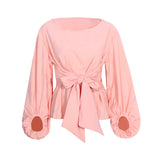 Lantern Sleeve Lace-up Tie Pink Chiffon Shirt