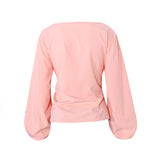 Lantern Sleeve Lace-up Tie Pink Chiffon Shirt