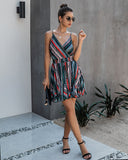 Backless V-neck Halter Mini Dress Colorful Stripe Casual Dress