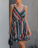 Backless V-neck Halter Mini Dress Colorful Stripe Casual Dress