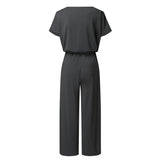 V-neck Elastic Waist Lace-up Jumpsuit Cropped Trousers