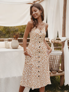 V-neck Suspenders Single-breasted Printed Maxi Dress