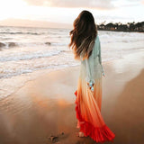 Rainbow Deep V Long Sleeve Gradient Vacation Maxi Dresses