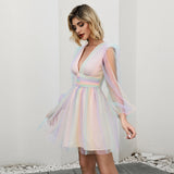 Elegant V-neck Rainbow Gauze Bubble Sleeves Mini Dresses