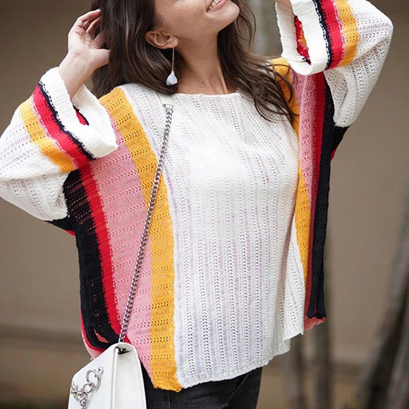 Couvre-pull ample creux à tricoter arc-en-ciel pour femmes