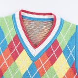Suéter de chaleco de entramado de punto con cuello en V multicolor
