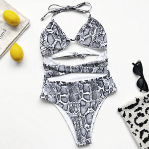Strappy Swimwear Snake Print One-piece Lace-up Swimsuit