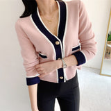 Single-breasted Contrast Knit Splicing Golden Button Sweaters