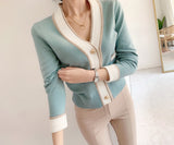 Single-breasted Contrast Knit Splicing Golden Button Sweaters