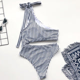One Shoulder Lace-up Striped One-piece Swimsuit