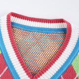 Multicolor V-neck Knitting Lattice Vest Sweater