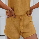 Knitting Hollowed-out Lace-up Shorts Backless Vest Two-piece Set