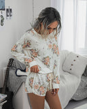 Floral Two-piece Cotton T-Shirt Lace-up Shorts Loungewear