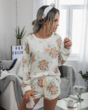 Floral Two-piece Cotton T-Shirt Lace-up Shorts Loungewear