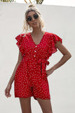 Polka Dot Lace-up Jumpsuit Lotus Sleeve Single-breasted Drawstring Rompers