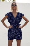 Polka Dot Lace-up Jumpsuit Lotus Sleeve Single-breasted Drawstring Rompers