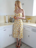 Tube Top Lace-up Lemon Floral Split Midi Dresses