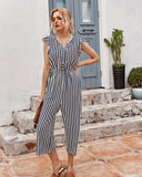 Striped Cropped Pants Jumpsuit Single-breasted Lotus Sleeve Romper