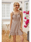 Flounces Suspenders Lace-up Ruffled Hem Backless Floral Print Mini Dress
