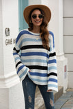 Flared Sleeve Contrast Striped Knitted Sweater Blue