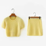 Tops cortos amarillos tejer mini vestidos falda conjunto de dos piezas