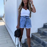 High-waist Button Curled Denim Shorts Jeans Hot Pants With Belt