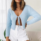 Lace-up V-neck Knitting Sweaters Crop Tops Cardigans