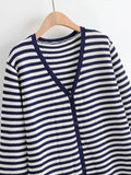 Striped Single-breasted Long Knit Cardigan Jacket