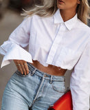 Long Sleeve Single-breasted Irregular Short Cotton Shirt Blouse