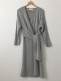 V-neck Cross Straps Long Knit Cardigan Midi Dresses - Gray