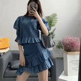 Blue Bubbles Sleeves Ruffles Blouse Irregular Hem Skirt Mini Dress Two-piece Set