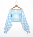 Single-breasted V-neck Lattice Grid Knitting Cardigans Sweaters