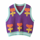 Pull gilet court en tricot violet à fleurs