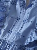 Embroidery Pleated Ruffled Lantern Sleeve Midi Dresses