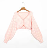 Single-breasted V-neck Lattice Grid Knitting Cardigans Sweaters