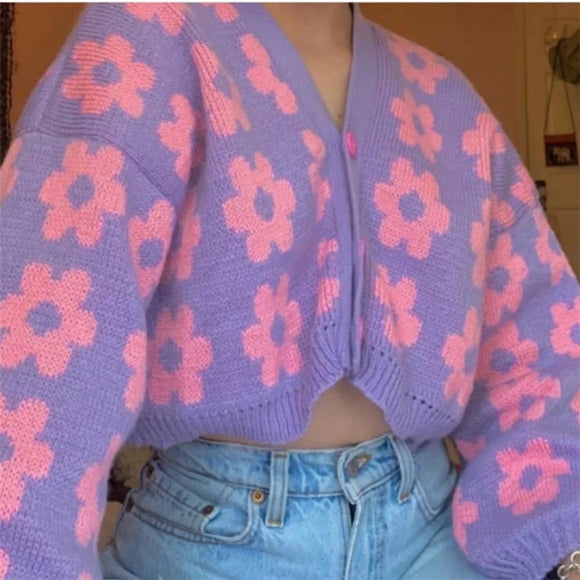 Cárdigan de suéter de punto con cuello en V FLoral de botonadura sencilla
