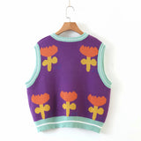 Pull gilet court en tricot violet à fleurs