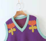 Floral Purple Knit Crop Vest Sweater