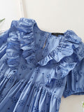Embroidery Pleated Ruffled Lantern Sleeve Midi Dresses