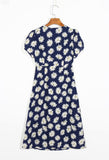 V-neck Daisy Floral Lace-up Button Bodycon Midi Dress