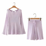 Flared Sleeves Tie Knitting Tops Shorts Two-piece Set