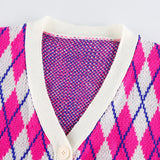 Single-breasted Crop Diamond Lattice Knitting Cardigan