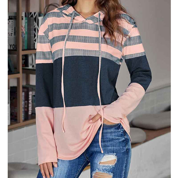 Women Contrast Color Loose Long Sleeve Hooded Hoodie Sweater