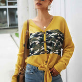 Women V-Collar Camouflage Splice Single Breasted Long Sleeve Sweater Cardigan