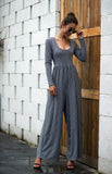 U-neck Sexy Wide-leg Long-sleeved Striped Jumpsuit