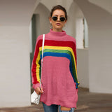 Women‘s High Collar Rainbow Stripes Knit Long Sweater