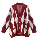 V-neck Single-breasted Contrast Color Argyle Pattern Cardigan Sweater