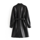 Lapel Collar Leather Single-breasted Outerwear Belted Coat