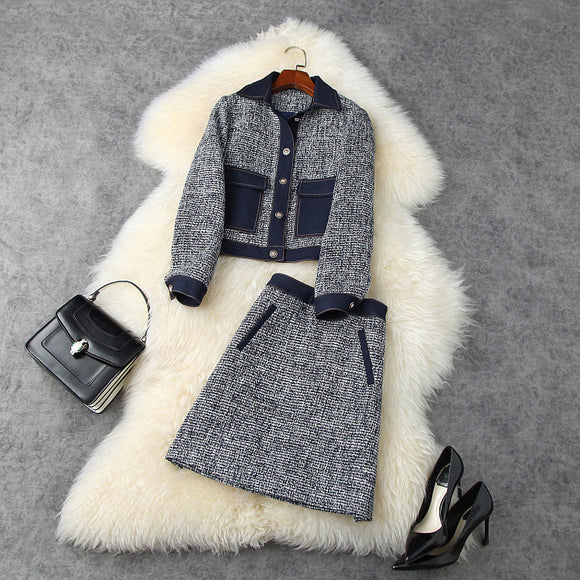 Blue Splicing Denim Single-breasted Coat Skirt Two-piece Set