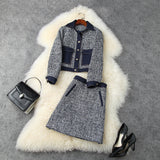 Blue Splicing Denim Single-breasted Coat Skirt Two-piece Set
